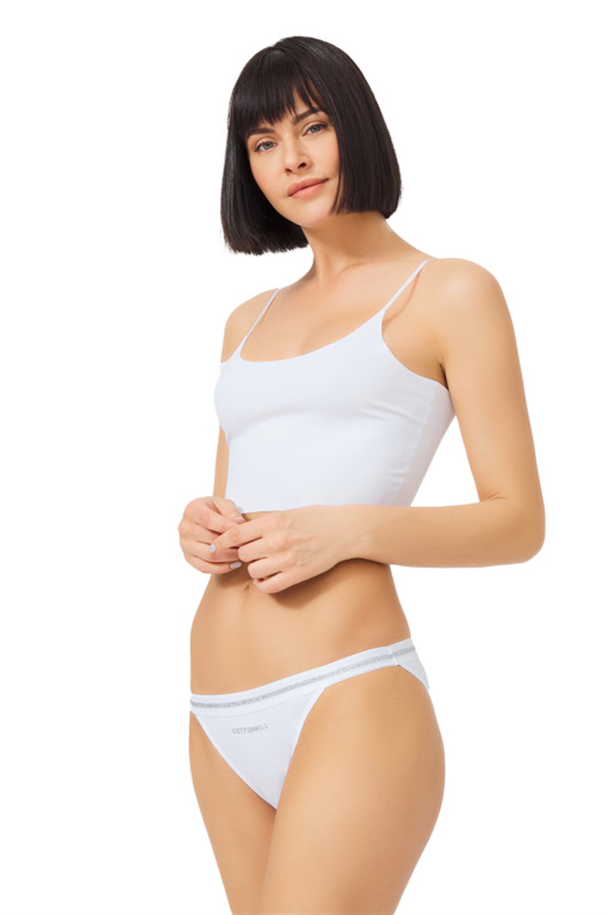 Beyaz Basic Simli Şerit Lastikli Pamuk Kadın Bikini Külot