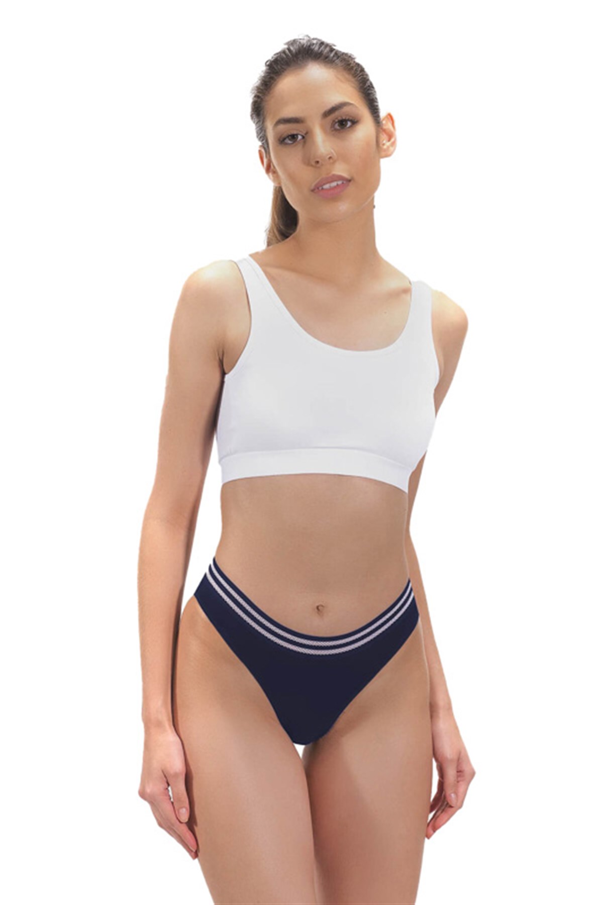 Lacivert Spor Basic Şerit Lastikli Pamuk Kadın Bikini Külot